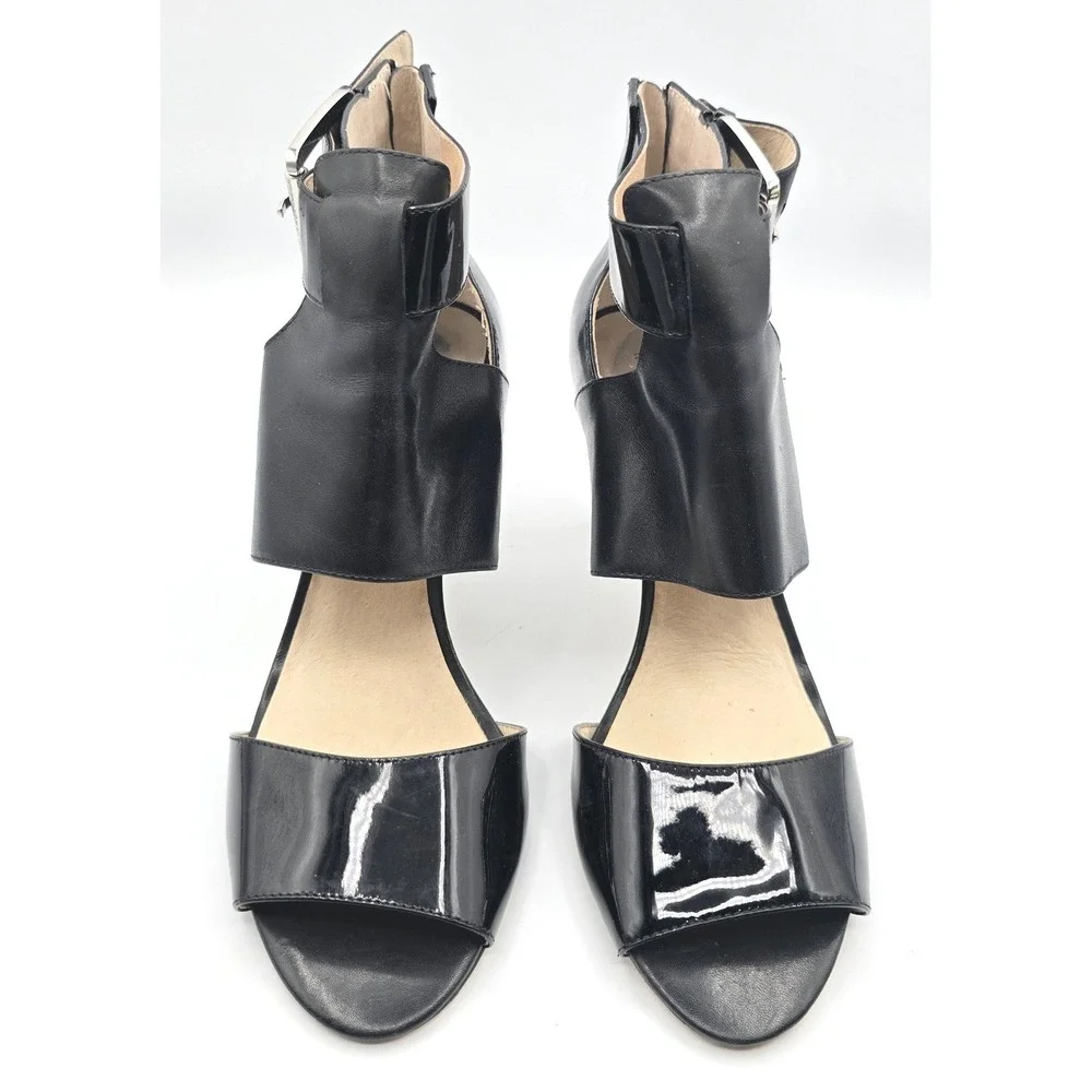 Michael Kors Black Leather Patent Cutout Stiletto Heel Sandals 9.5 Zip Back